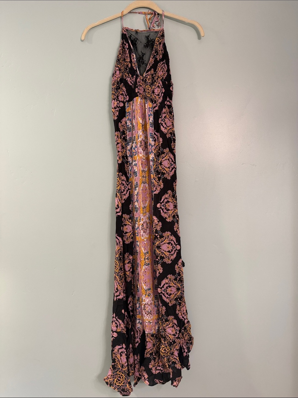 Free People That Moment Maxi Dress - Black Pink Print Maxi Halter Dress